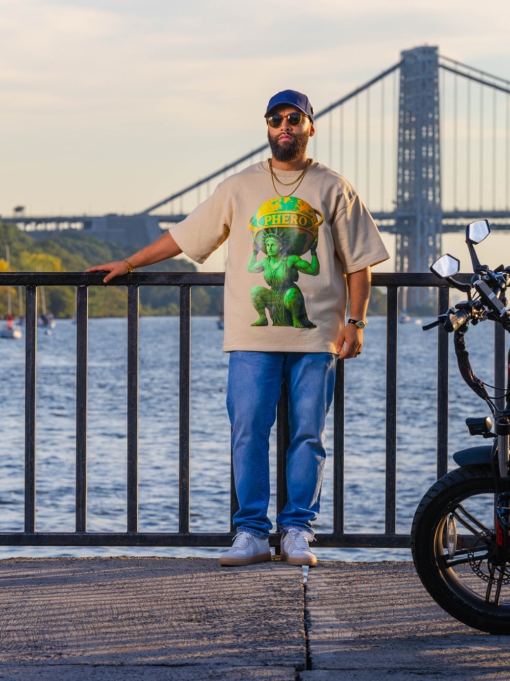 Beige Short Sleeve Graphic Tee with Green Liberty Print